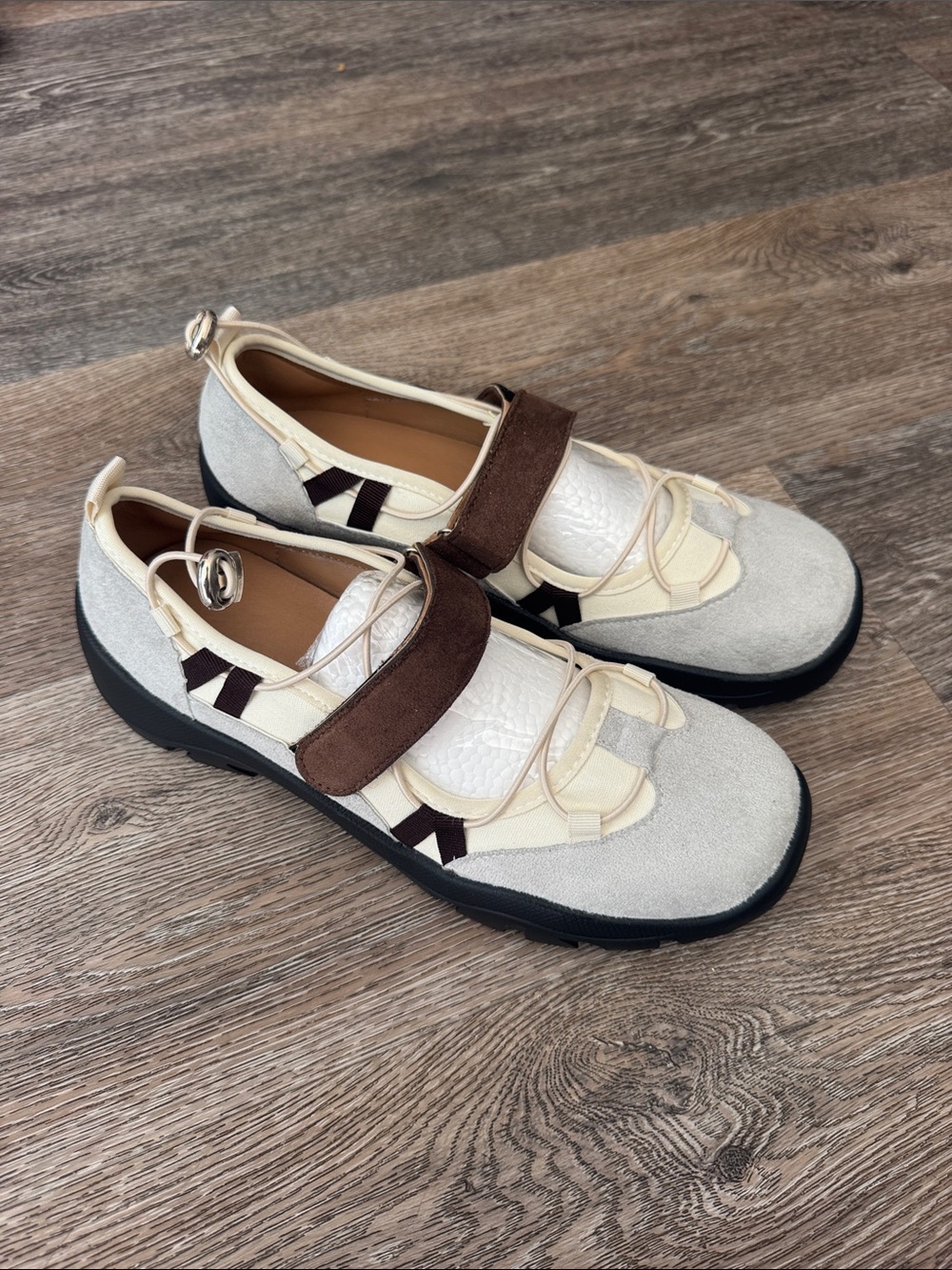 Cream and Brown Suede Strap Casual Sneakers